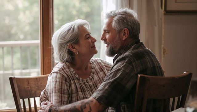 Silver-haired senior couple sharing tender moment by window, cozy home romance