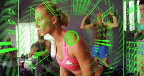 Woman performing bent-over row with neon hud overlay in high-tech gym training scene focus