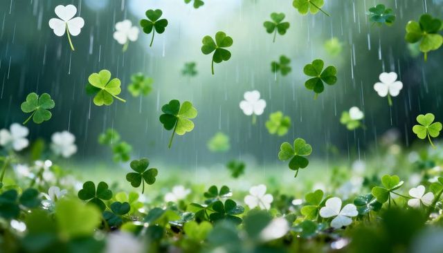 Floating clover leaves and white shamrocks falling in gentle rain with dewy meadow bokeh