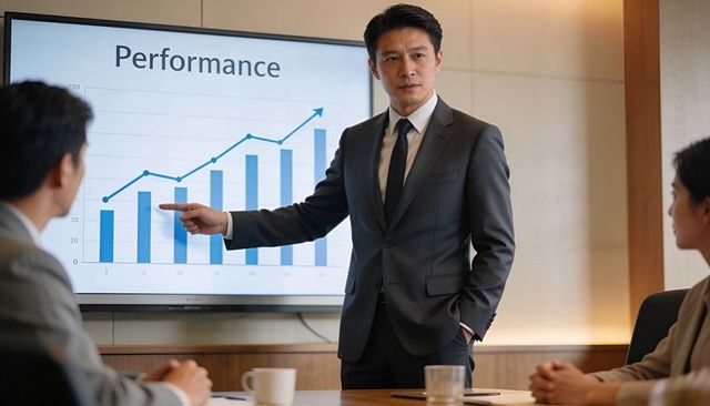 Asian executive presenting growth performance chart in boardroom meeting