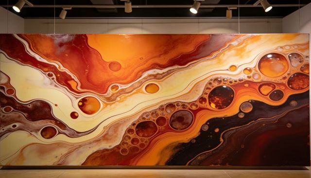 Displaying large abstract resin art fiery orange red swirls bubble texture on gallery wall