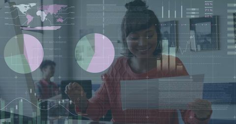 Financial data analysis with diverse businesswoman in modern office