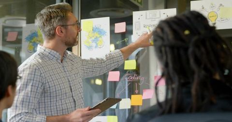 Team leader pointing at glass whiteboard with sticky notes while presenting coding plan