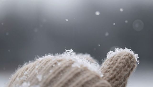 Macro wool mitten holding delicate snowflake crystals during soft overcast snowfall