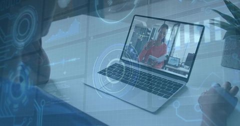 Remote team video meeting on laptop with HUD overlays, digital collaboration and data visualization