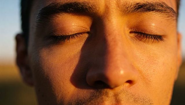 Basking adult male face with closed eyes at golden hour close-up warm sunlight