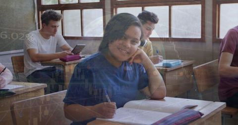 Smiling Student in Diverse Classroom with Technology Elements Overlay