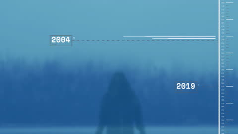 Mysterious Figure Walking in Fog with Futuristic Digital Graph Overlay