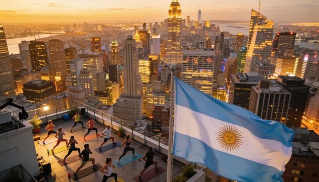 Group practicing rooftop yoga under argentina flag with glowing city skyline at sunset
