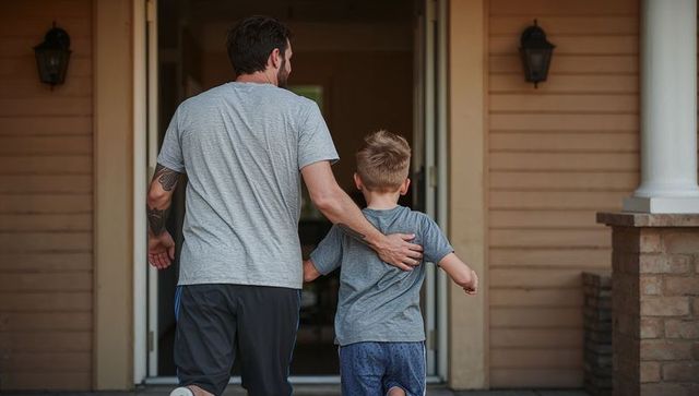 Father and son walking through open front door on sunny porch, showing tattooed arm