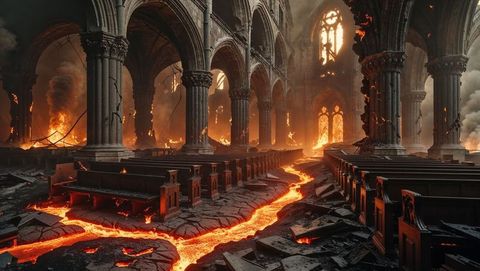 Apocalyptic gothic cathedral interior with hell lava flow