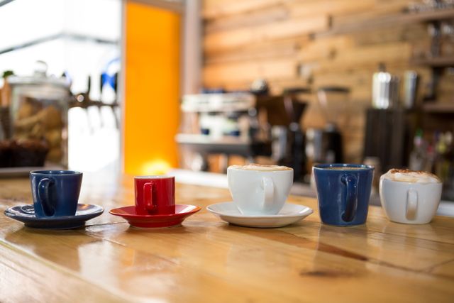 Assorted coffee cups with different sizes and colors are placed on a wooden table in a cozy cafeteria. The background features a blurred view of the coffee shop interior, including coffee machines and decor. This image is perfect for use in articles or advertisements related to coffee culture, cafes, barista training, or morning routines.