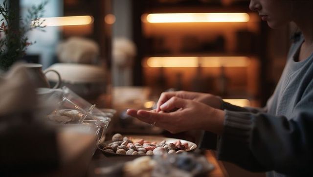 Woman shelling nuts at wooden counter warm ambient lighting cozy kitchen close-up