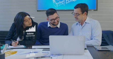 Engineering team collaborating on digital blueprints with laptop and augmented analytics