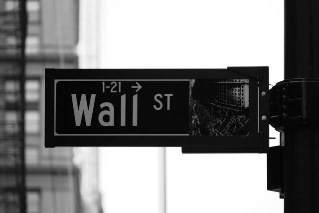 Street sign representing Wall Street in New York City. Ideal for business, finance, and economic themes, this black and white depiction underlines the historical and contemporary significance of the area.