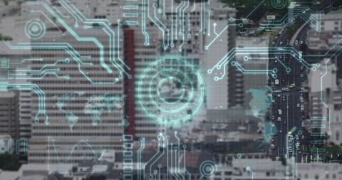 Augmented reality hud overlaying aerial metropolis cyan circuit grid traffic monitoring