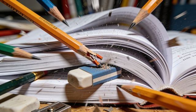 Breaking pencils striking fanned textbook pages with eraser and flying wood shavings