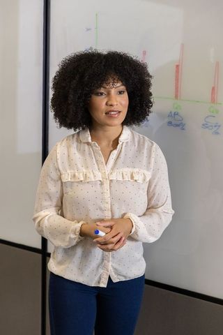 African american woman presenting bar chart in office whiteboard session