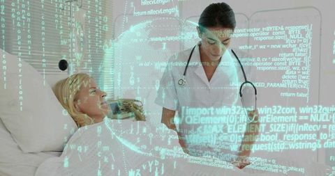 Nurse recording vital signs of smiling patient in hospital room