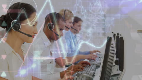 Diverse Customer Support Team Using Headsets with Data Overlay