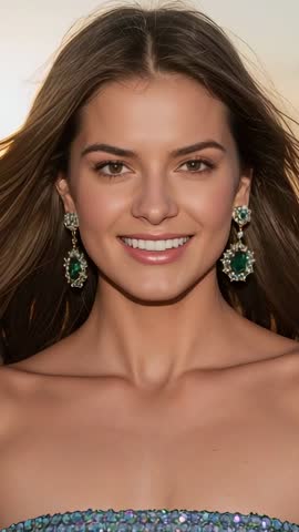 Model smiling at sunset wearing sequined top and emerald earrings | Vertical glamour video