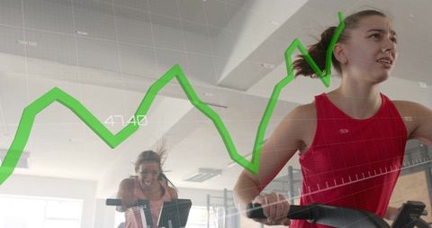 Financial growth overlay on active women exercising in gym
