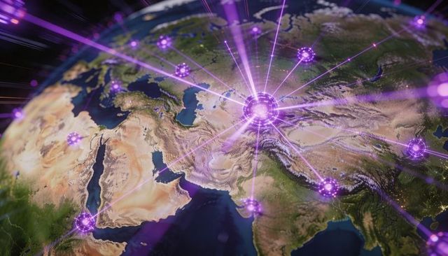 Central asia data hub pulsing neon network beams connecting global internet and ai