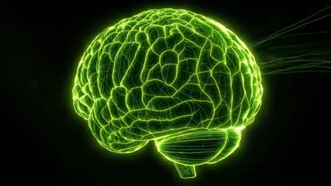Futuristic Rotating Wireframe Brain with Neon Green Neural Pathways