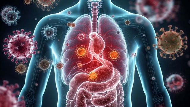 Transparent human torso showing lungs, heart and intestines with viral particles