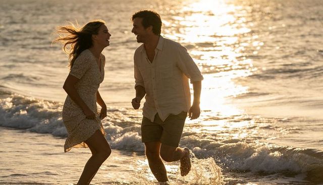 Couple running on beach at sunset splashing in golden backlit surf, windblown romance