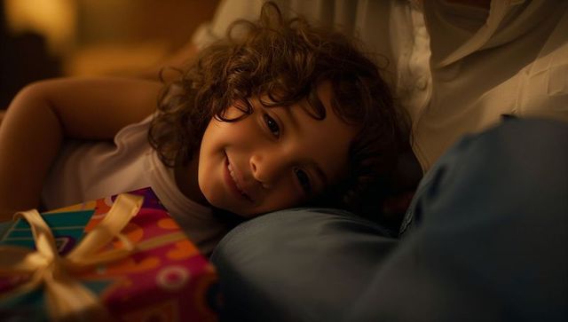 Curly-haired child smiling and resting on parent lap with wrapped gift, cozy family moment