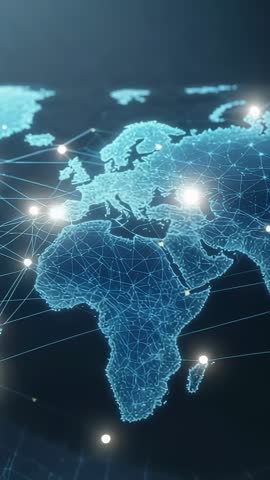 Vertical 3D Holographic Map Pulsing Data Nodes across Europe and Africa for Global Network