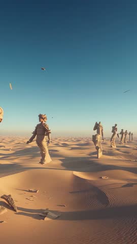 Desert Sculptures Shifting Past as Stone Fragment Descends in Vertical Futuristic Video