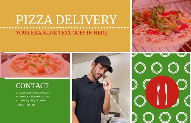 Ideal for boosting pizza sales by enriching menus or blogs. Features vibrant colors, editable contact details, and professional imagery. Great for use in restaurant marketing materials, food blogs, and promotional campaigns. Easy to customize for unique business branding.