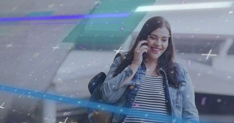 Caucasian Woman Engaged on Smartphone; Digital Data Overlay Shows Connectivity