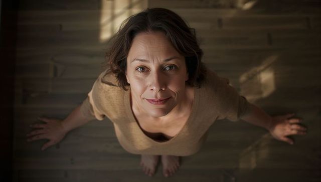 Mature woman standing barefoot looking up wearing beige knit top in sunlit minimalist space