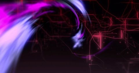 Neon magenta cyan ribbon flowing across futuristic circuit grid, glowing abstract energy