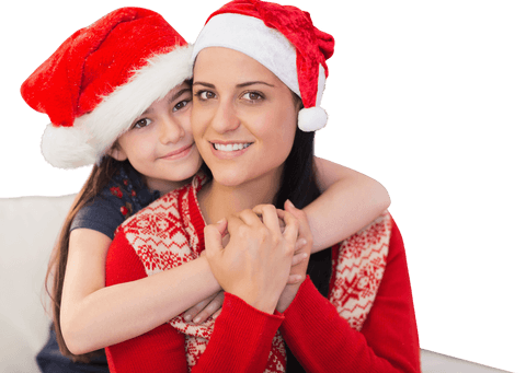 Caucasian Mother and Daughter Smiling in Santa Hats on Transparent Background