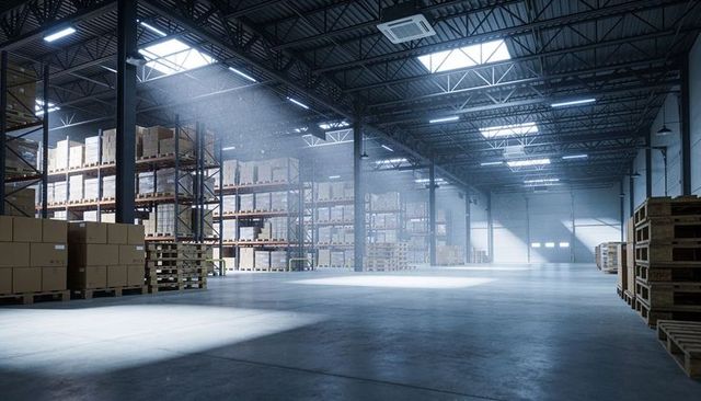 Spacious modern warehouse interior with pallet racking, stacked boxes and skylight beams