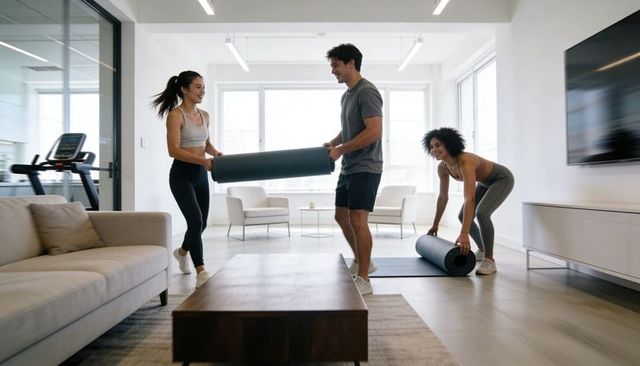 Friends carrying exercise mats in bright living room preparing home workout session
