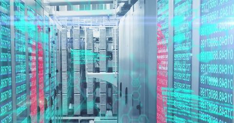 Futuristic Data Server Room with Digital Projection Overlay