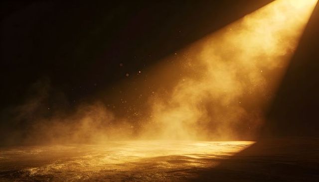 Diagonal golden spotlight cutting through mist and dust over wet rippling floor