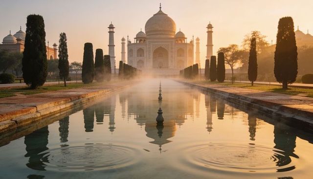 Taj mahal sunrise reflecting in misty pool with symmetrical mughal gardens and minarets