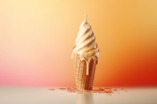 Vanilla ice cream in cone on orange background, created using generative ai technology. Dessert, flavour, colours and food concept digitally generated image.