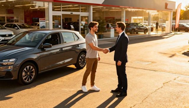 Buyer and salesperson shaking hands at sunlit car dealership after hatchback purchase