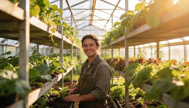 Smiling male greenhouse grower tending seedling trays in sunlit organic lettuce nursery