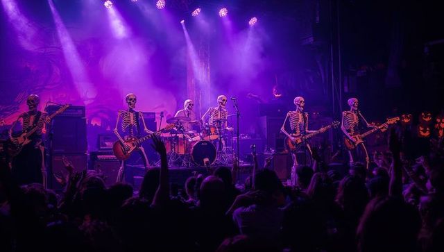 Skeleton-costumed band rocking halloween stage performance