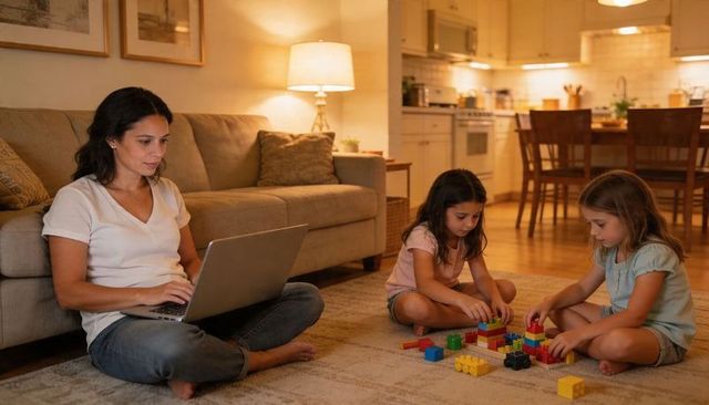 Working mother on laptop while daughters playing with colorful blocks in cozy living room