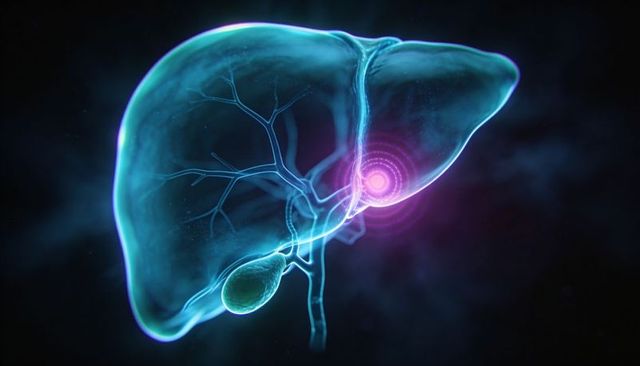 Translucent 3D Liver Showing Bile Ducts and Gallbladder with Magenta Lesion Highlight