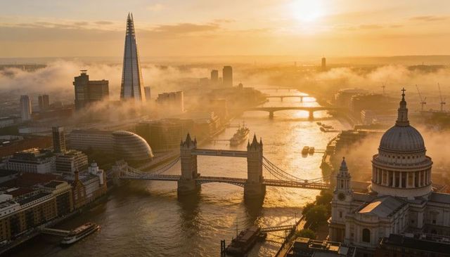 Golden hour aerial london skyline with tower bridge, shard, st pauls dome, river thames